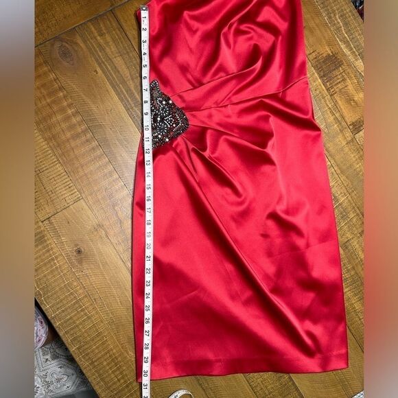 ELIZA J Red Satin One Shoulder Beaded Cocktail Dress - Picture 12 of 13